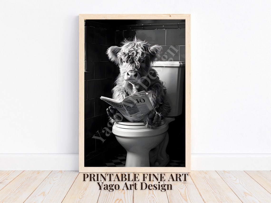 Pink Highland Cow Calf Reading on Toilet Cute Bathroom Poster