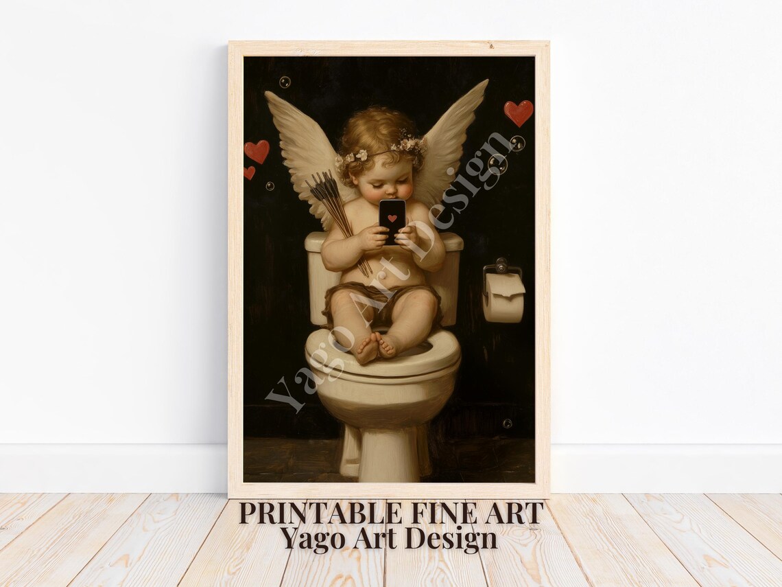 Cherub Cupid Bathroom Humor Vintage Art Print