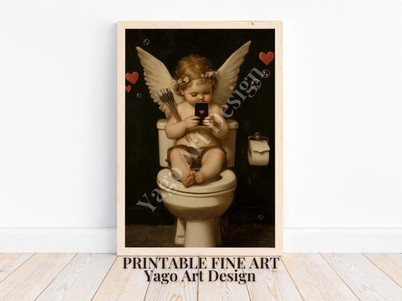 Cherub Cupid Bathroom Humor Vintage Art Print