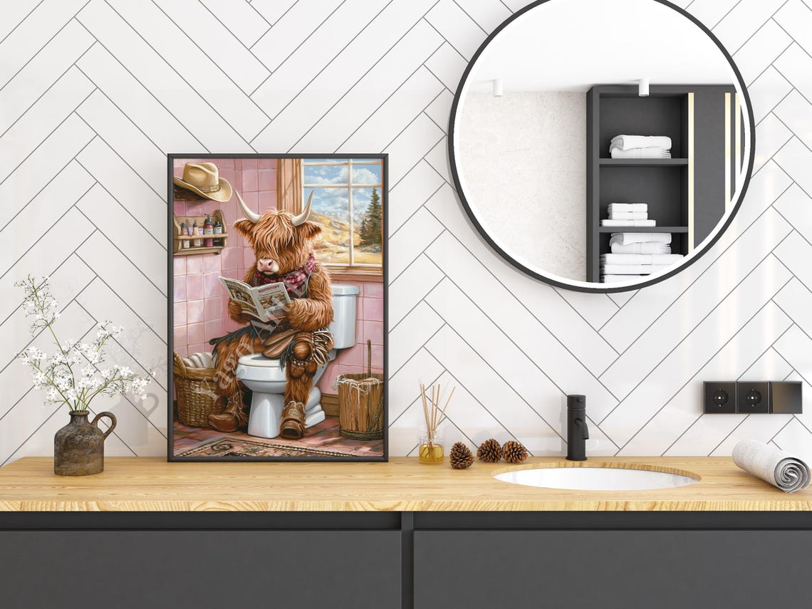 Cowboy Highland Cow On Toilet Reading Newspaper Funny Poster - Image 3