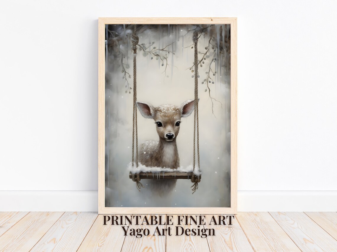 Baby Deer on Swing in Snowy Woods Cute Winter Animal Wall Art