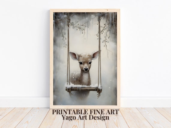 Christmas Cute Reindeer Art Print Christmas Wall Art Cute Deer Behind A Swing Wall Decor Christmas Poster Nursery Painting