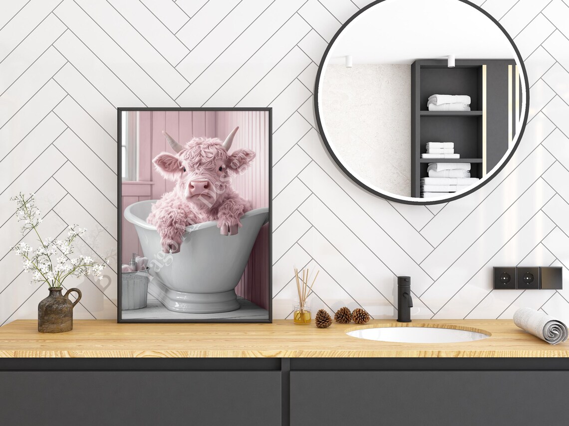 Pink Highland Cow in Bathtub Poster Trendy Pastel Bathroom Decor - Image 3