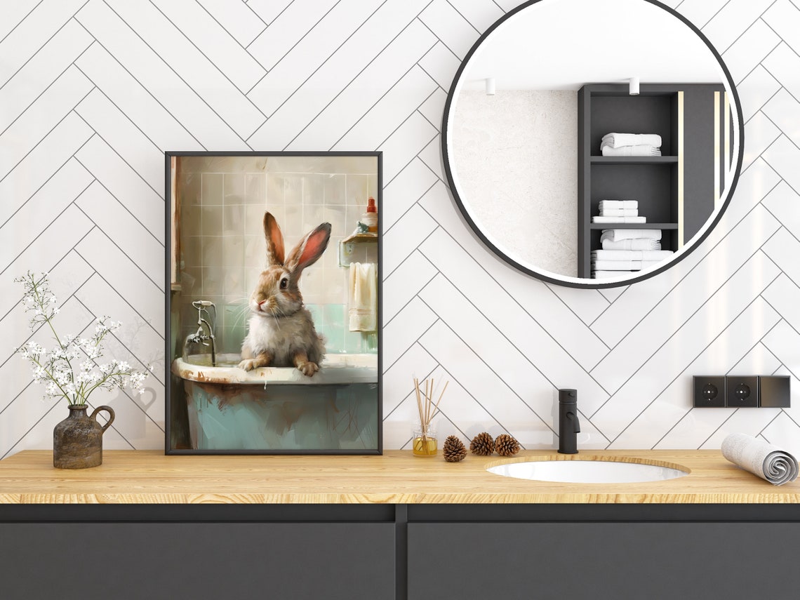 Bunny Rabbit Sitting In Vintage Bathtub Funny Bathroom Print - Image 2