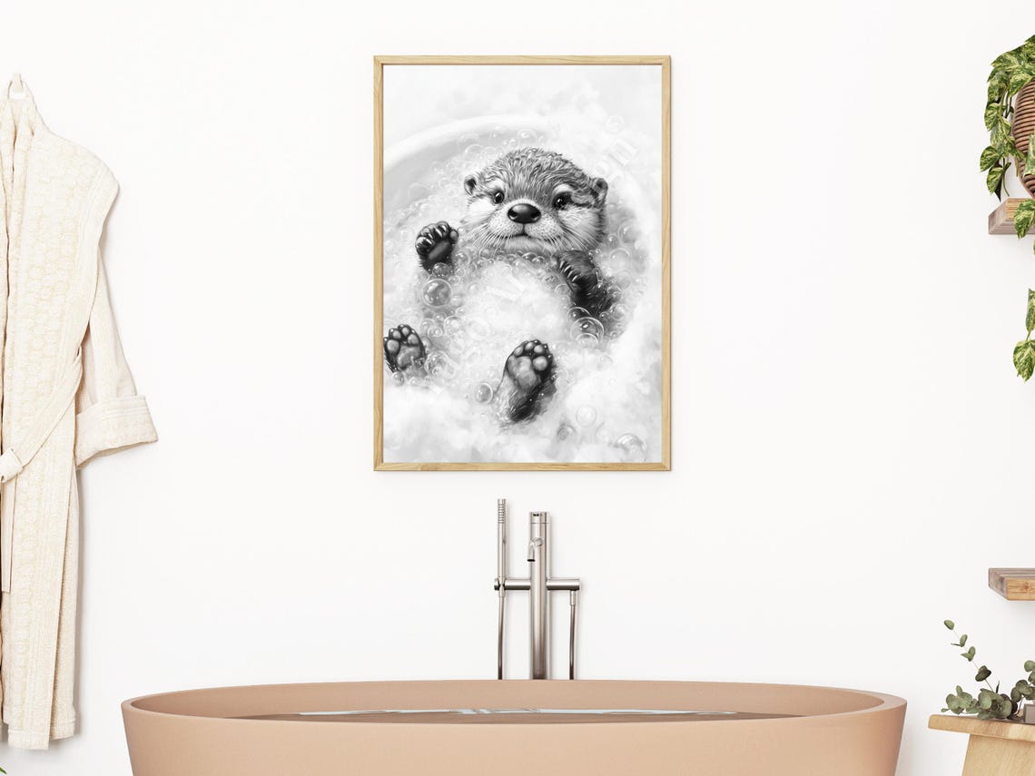 Baby Otter Bubble Bath Poster Minimalist Black White Nursery Art - Image 2