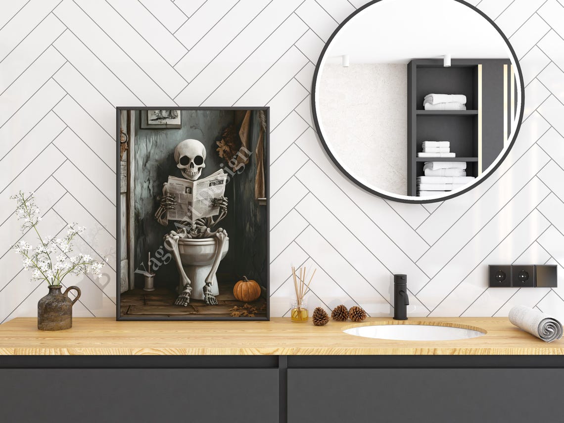 Skeleton Reading Newspaper on Toilet Halloween Bathroom Art Poster - Image 2