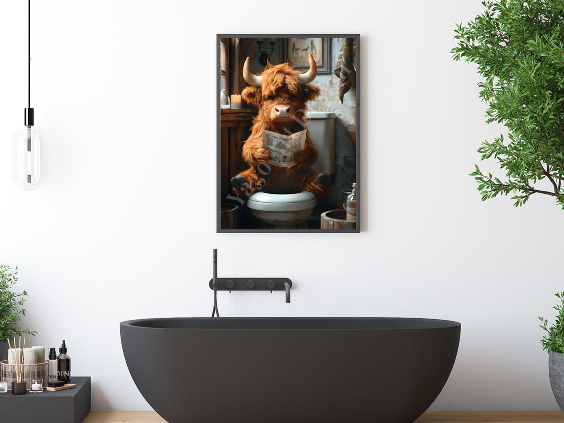 Highland Cow On Toilet Reading Newspaper Funny Bathroom Poster - Image 2
