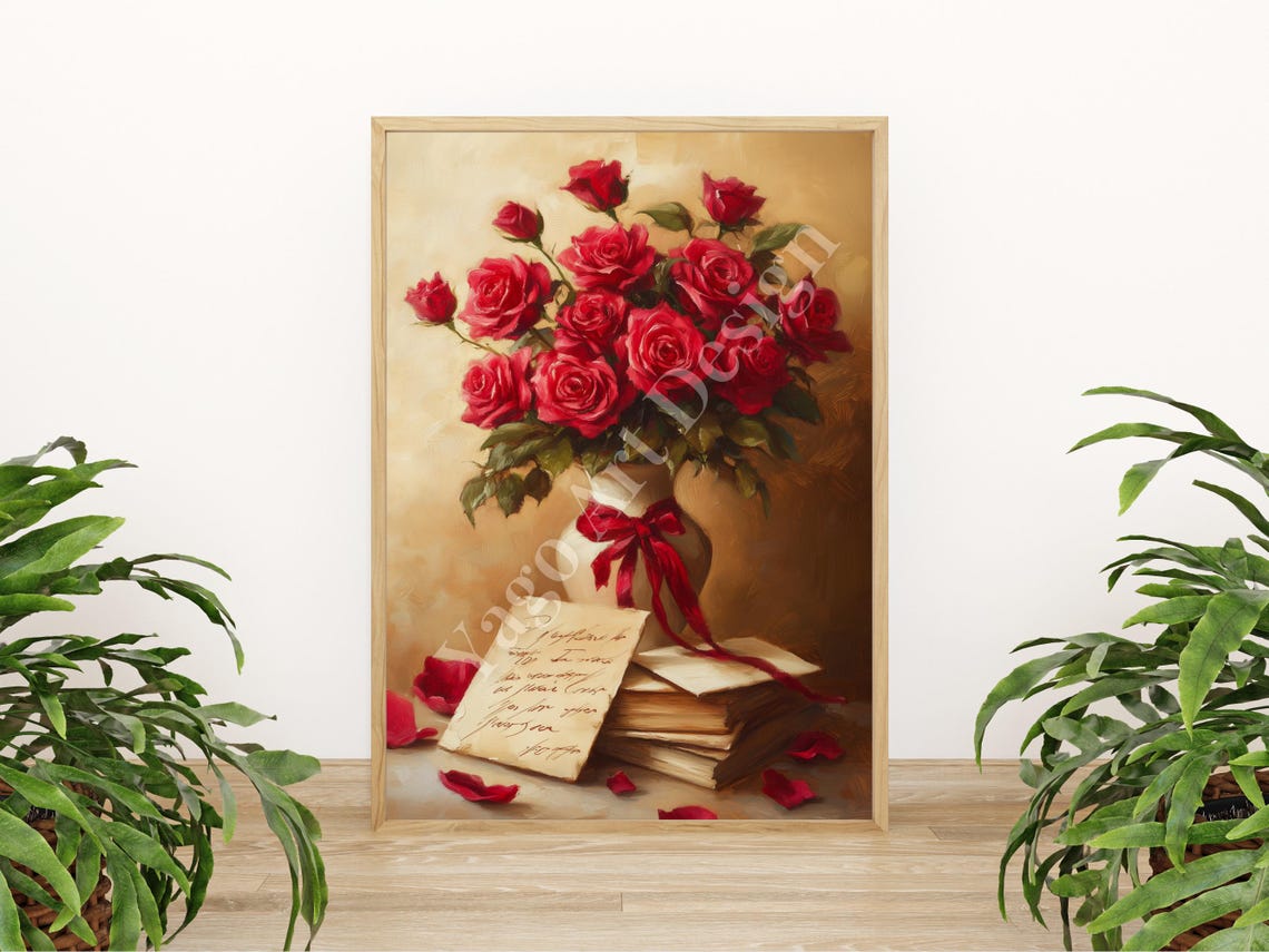 Red Roses Bouquet with Love Letter Poster Vintage Valentine Art - Image 4