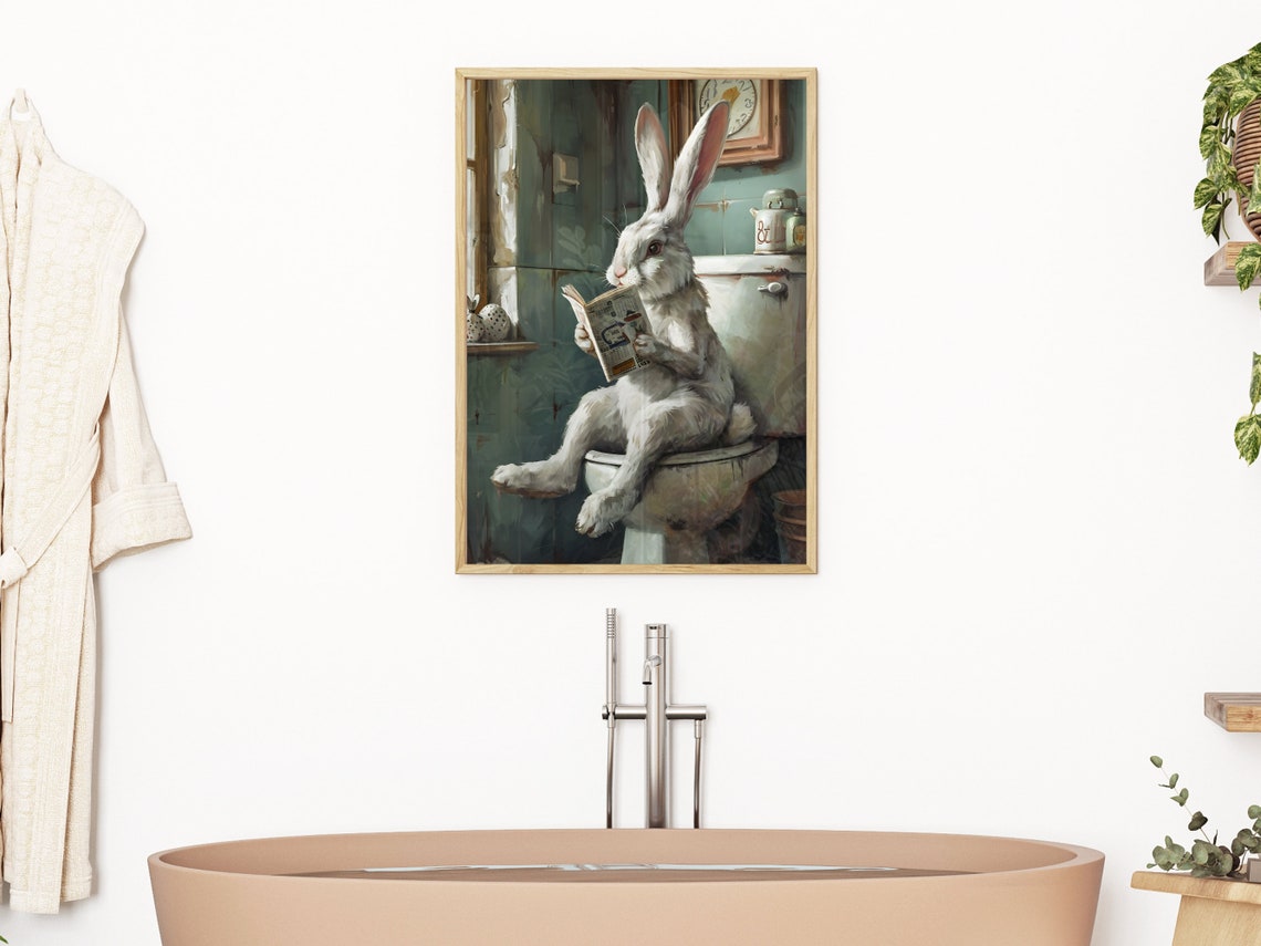 Easter Bunny On Toilet Wall Art Print Rabbit In Bathroom Wall Decor Bathroom Animal Art Prints Funny Bathroom Decor Cute - Image 3