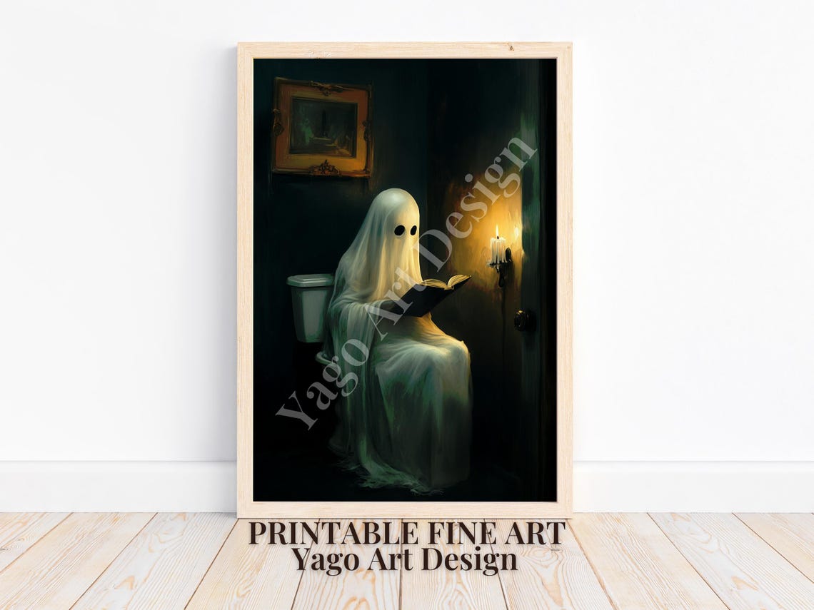 Cute Ghost Reading Book on Toilet by Candlelight Halloween Poster