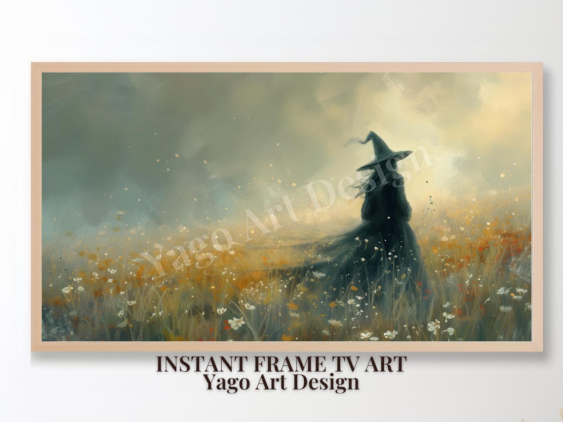 Lone Witch Wildflower Meadow Misty Morning Whimsical Wall Art