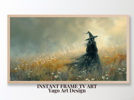 Lone Witch Wildflower Meadow Misty Morning Whimsical Wall Art