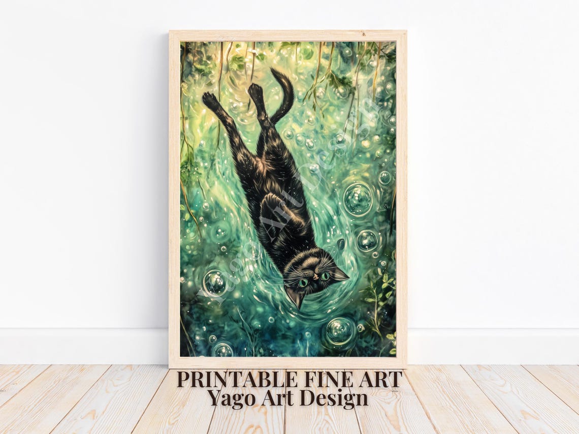 Black Cat Swimming Upside Down Green Pond Bubbles Funny Poster