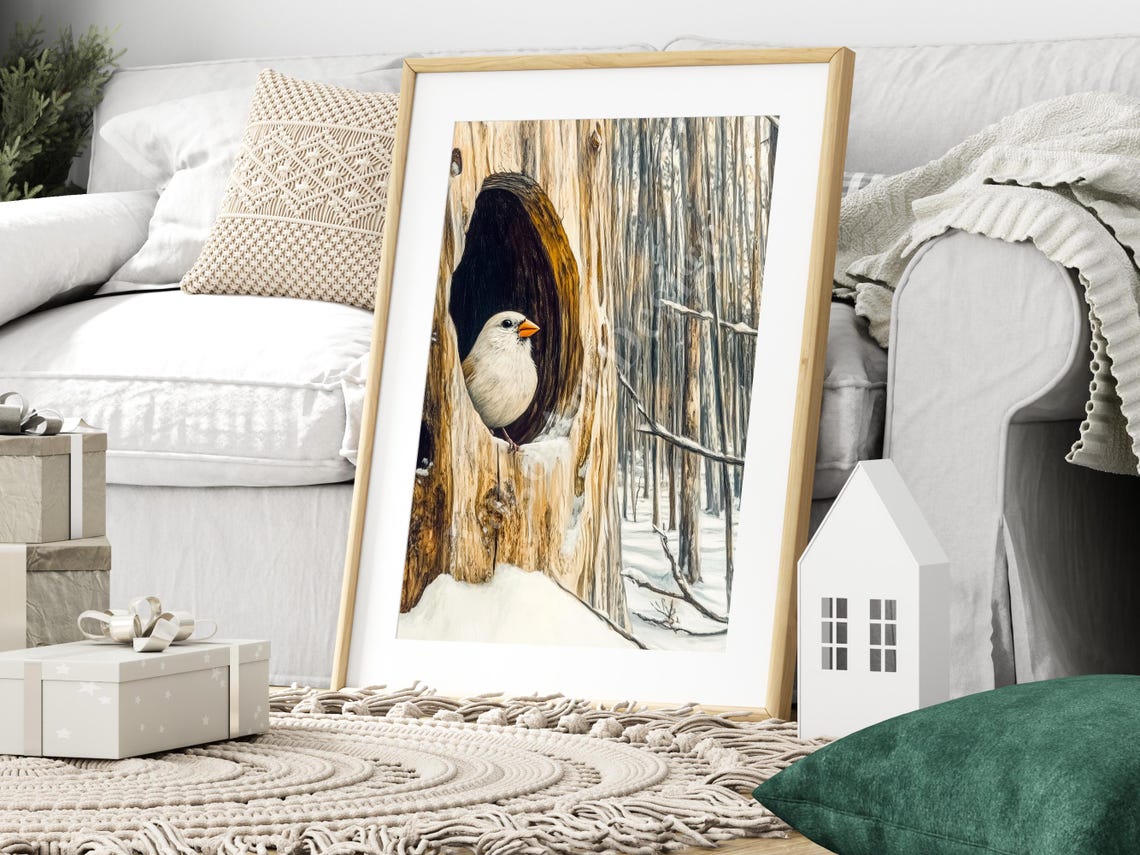 White Bird Peeking From Tree Hollow Snowy Forest Winter Poster - Image 2