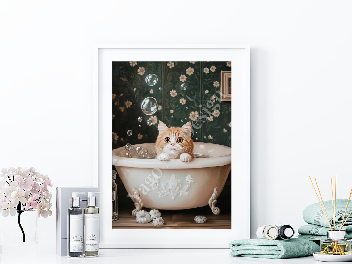 Orange Kitten in Clawfoot Bubble Bath Poster Floral Bathroom Art - Image 4