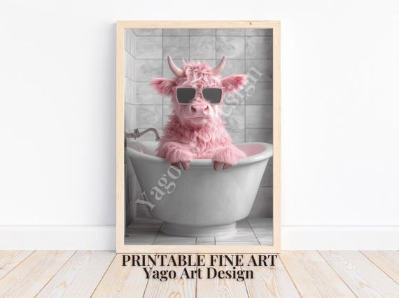 Pink Highland Cow Sitting In Bathtub Trendy Cow With Sunglasses Cute Minimalist Bathroom Print Animal Poster Trendy Girly Wall Decor
