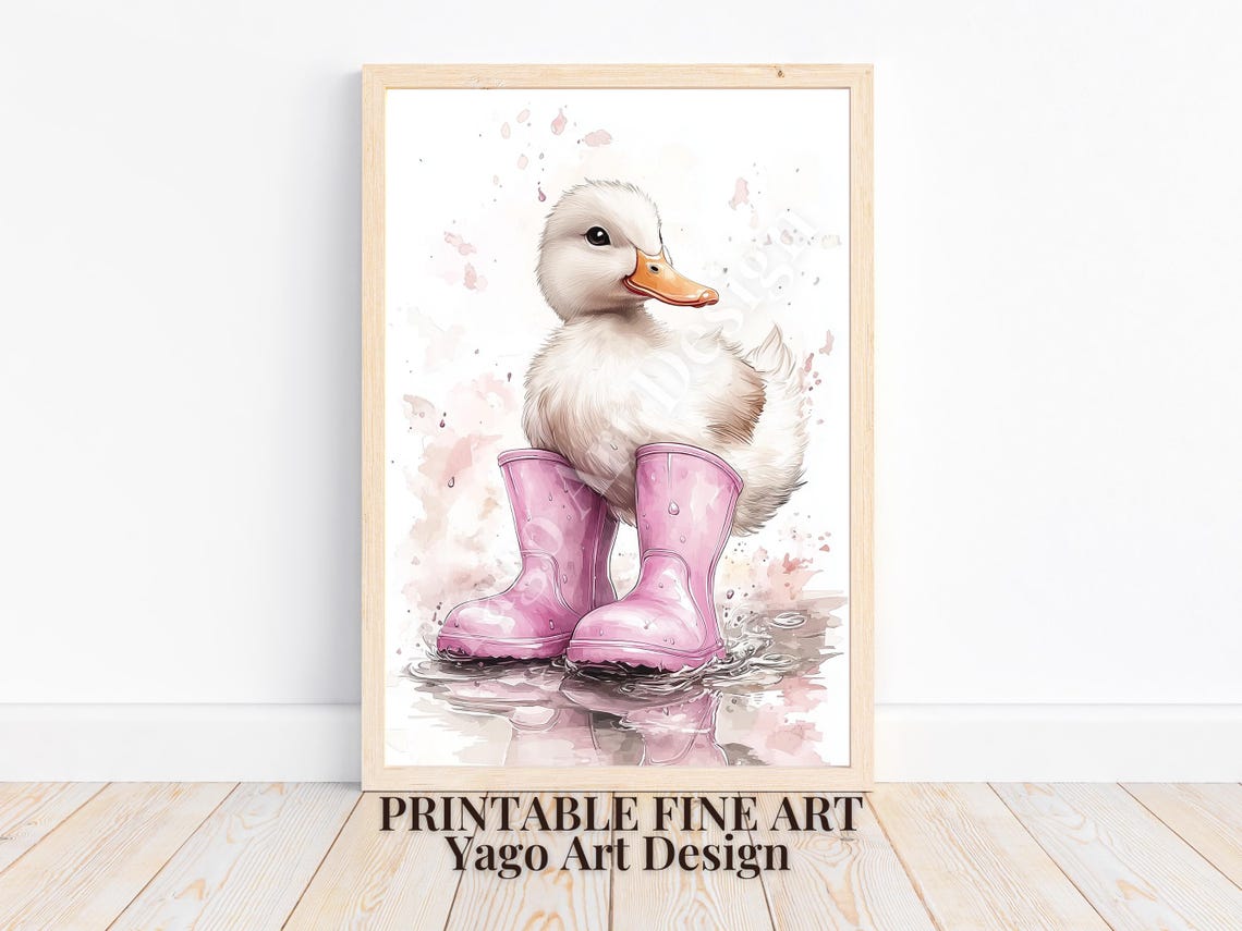 Duckling in Pink Rain Boots Splashing in Puddle Watercolor Poster