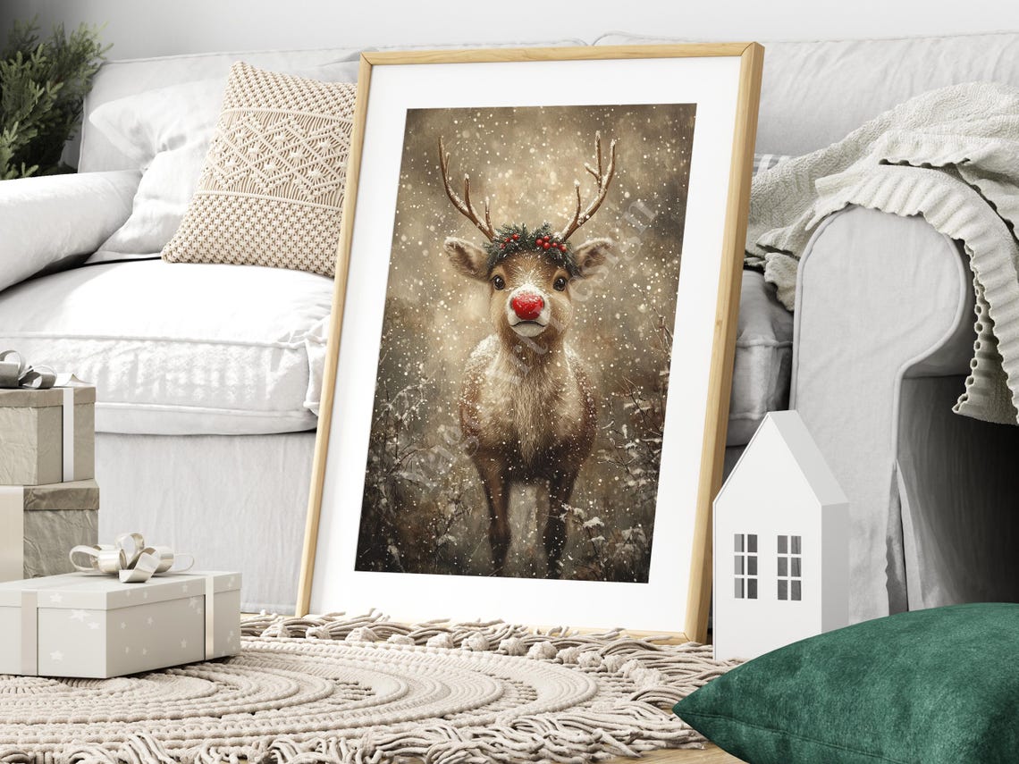 Rudolph Reindeer With Red Nose in Snowfall Christmas Portrait Poster - Image 3