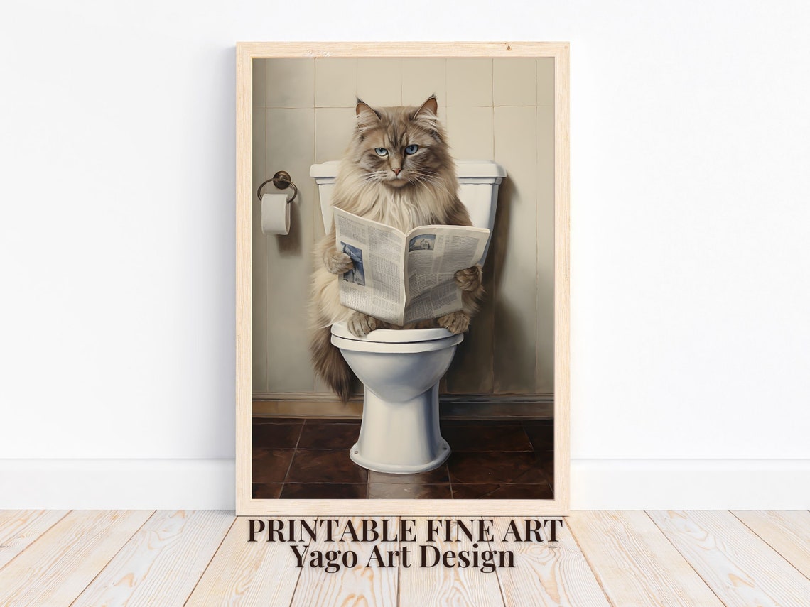 Ragdoll Cat On Toilet Reading Newspaper Funny Bathroom Poster