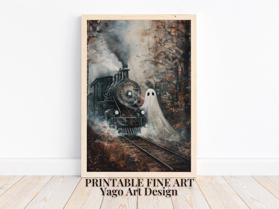 Ghost beside Steam Train in Autumn Forest Moody Halloween Poster