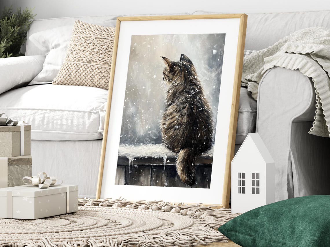 Tabby Cat Watching Falling Snow on Fence Moody Winter Art Poster - Image 3