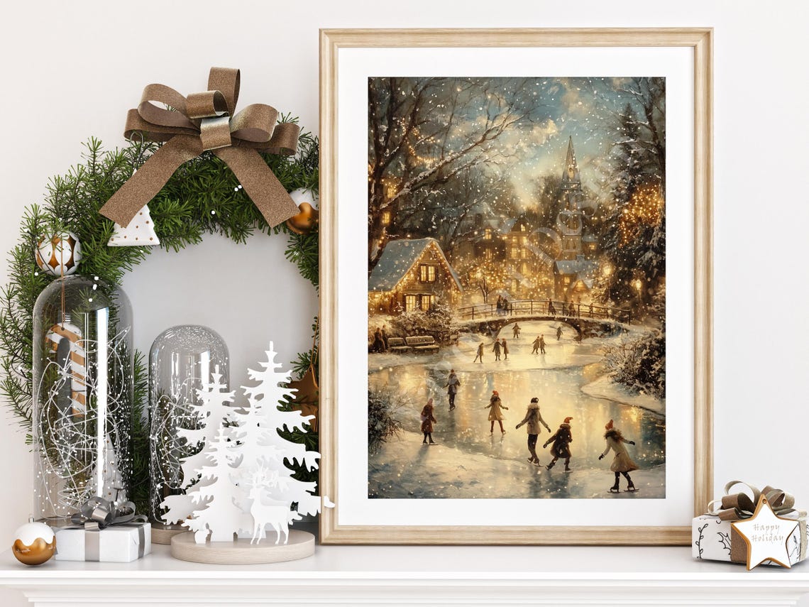 Winter Ice Skating Village Scene Poster Vintage Holiday Snow Art - Image 2