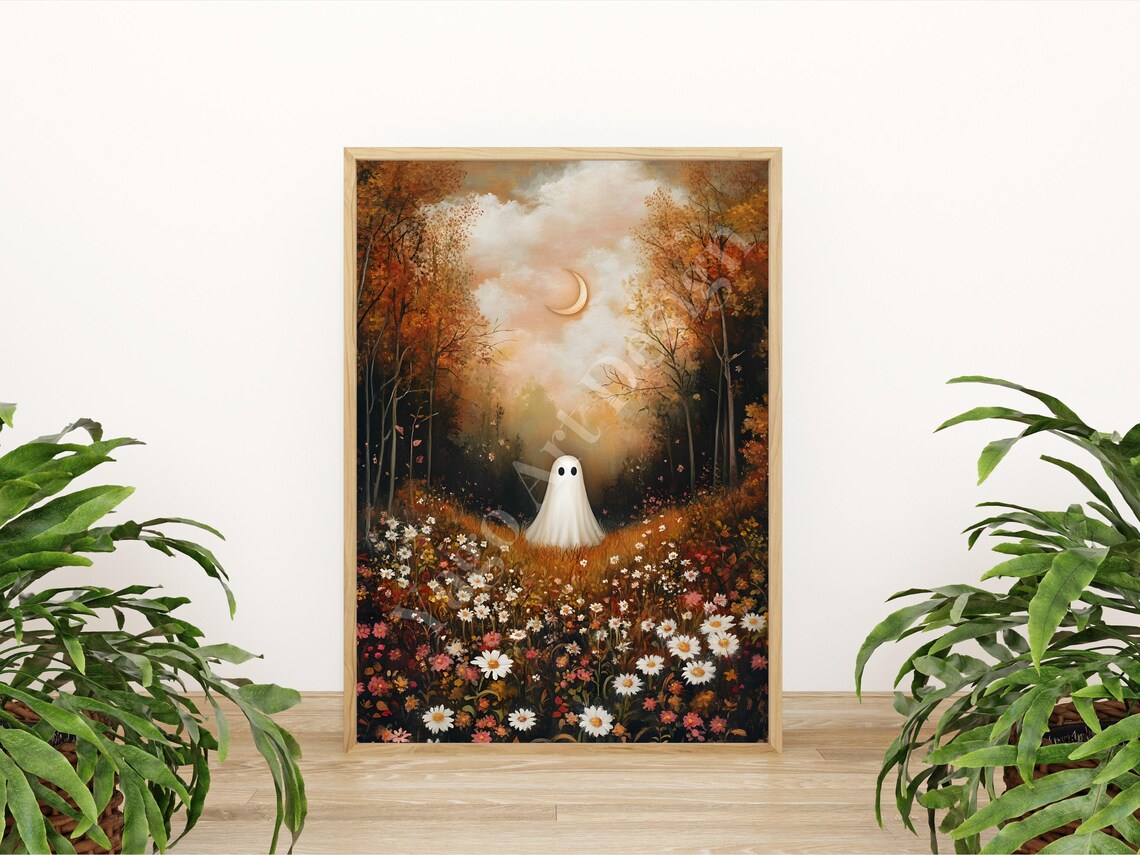 Cute Ghost in Wildflower Meadow at Sunset with Crescent Moon Poster - Image 2