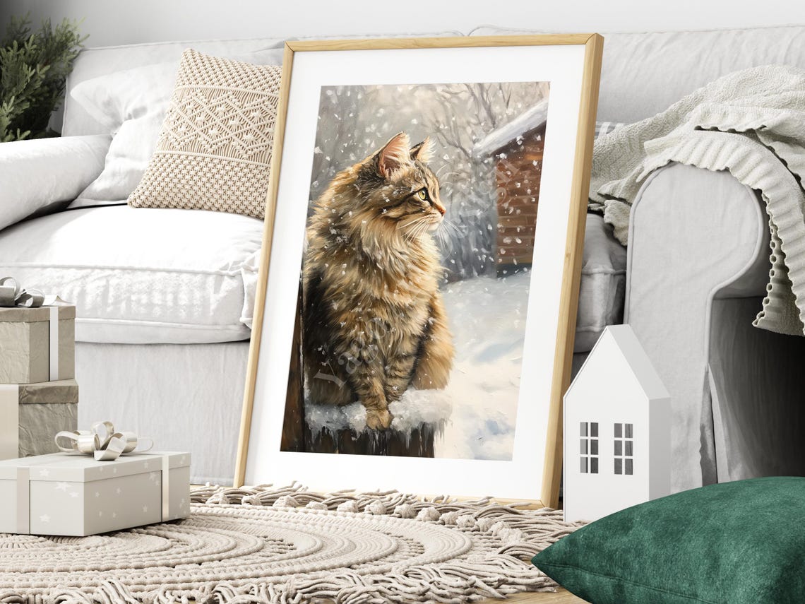 Fluffy Golden Cat Sitting on Snowy Fence Winter Forest Art Poster - Image 3