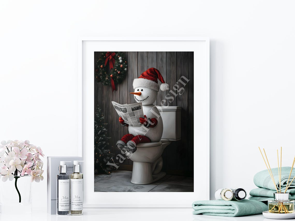 Cute Snowman Reading Newspaper on Toilet Christmas Bathroom Poster - Image 4