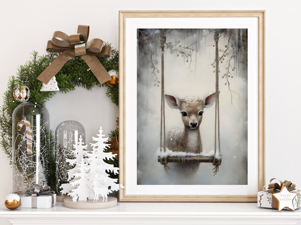 Baby Deer on Swing in Snowy Woods Cute Winter Animal Wall Art - Image 2