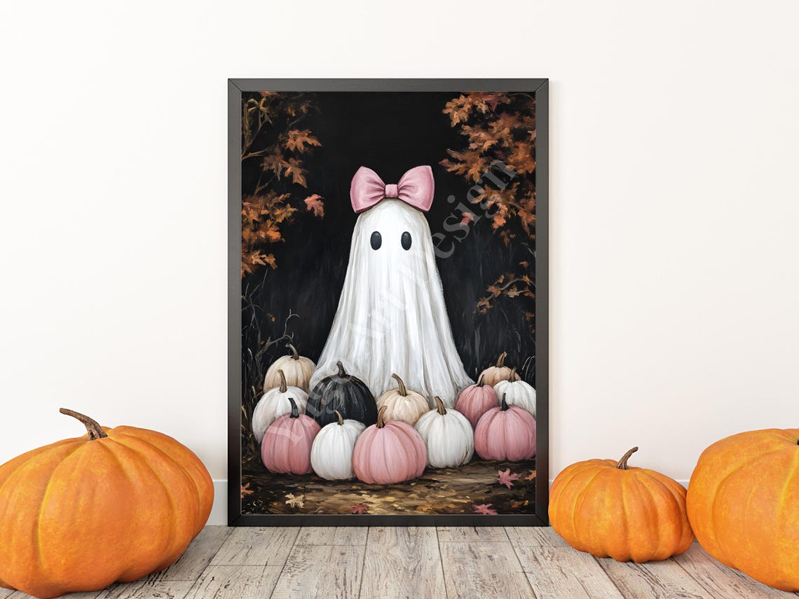 Cute Ghost with Pink Bow among Pink Pumpkins Dark Halloween Poster - Image 3