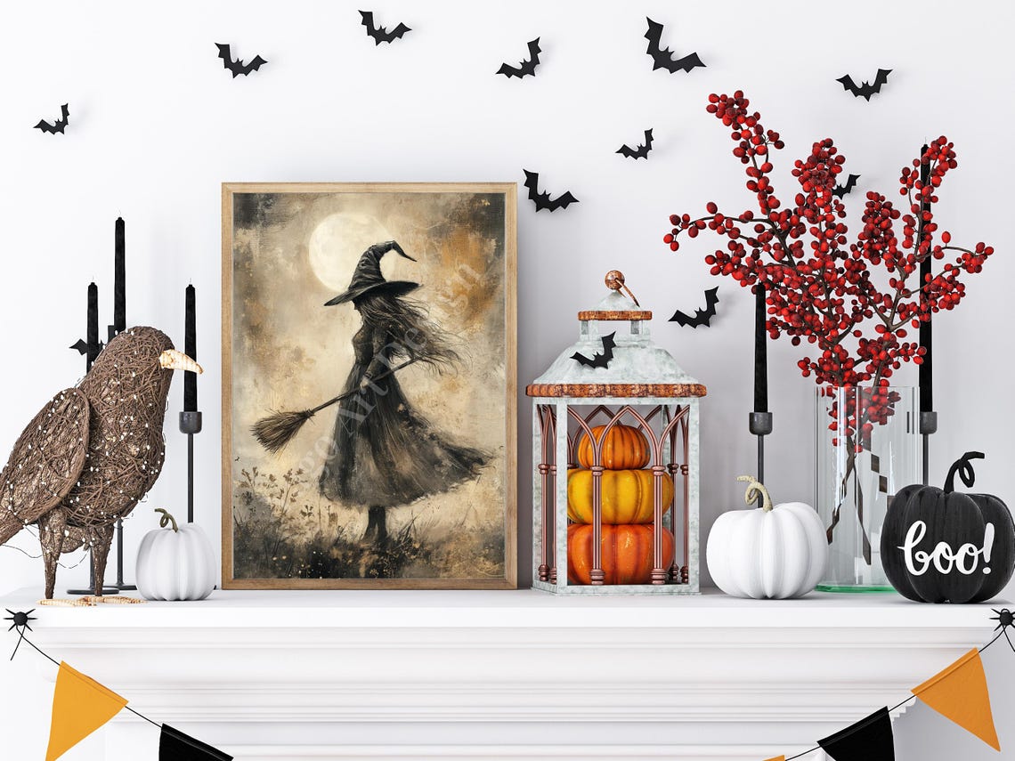 Elegant Witch with Broom under Moonlight Vintage Halloween Poster - Image 4