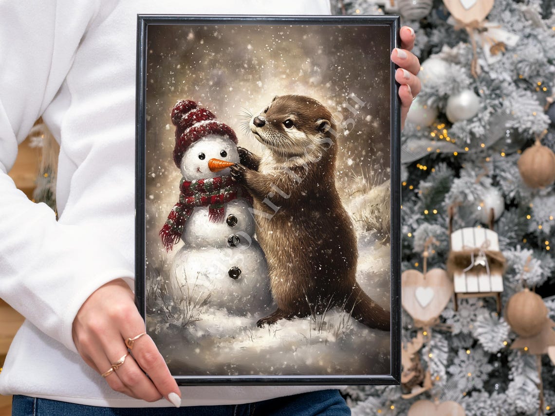 Otter with Snowman in Falling Snow Poster Cute Winter Scene Art - Image 4