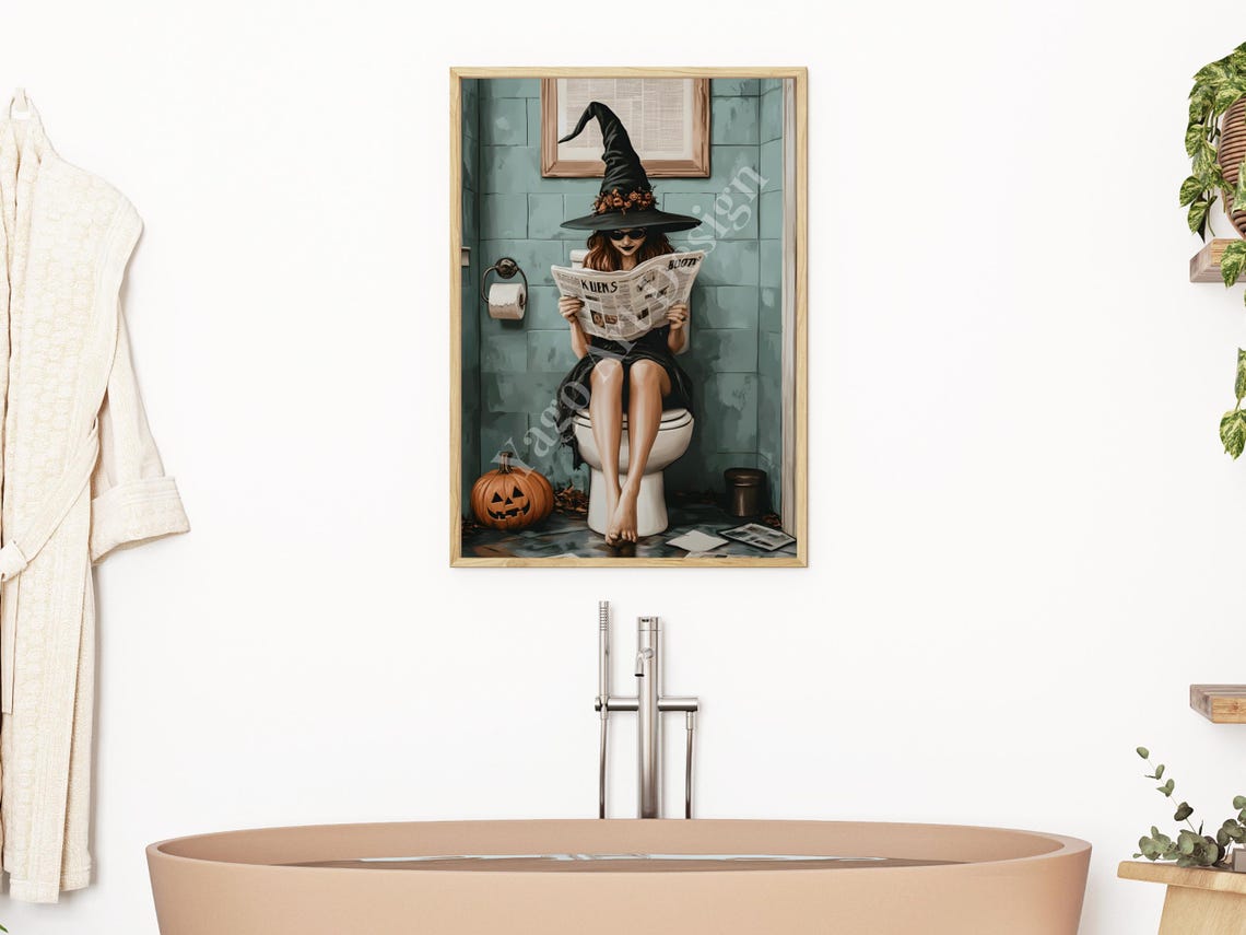 Witch Reading Newspaper on Toilet Halloween Bathroom Art Poster - Image 3