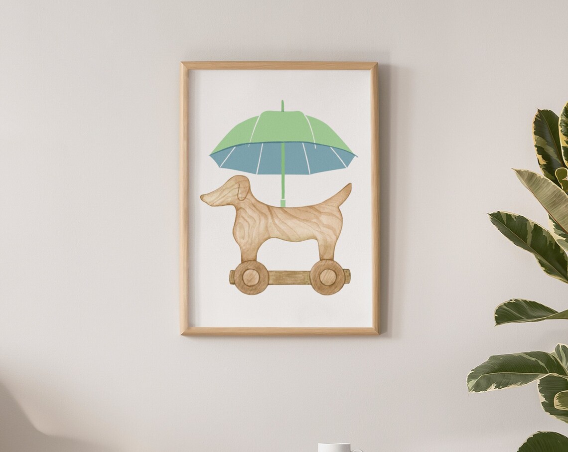 Sweet Wooden Toy Dog Umbrella Watercolor Nursery Kids Room Poster