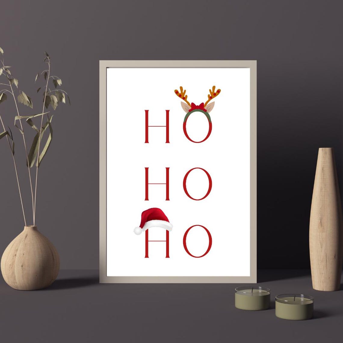 Ho Ho Ho Reindeer Antlers Santa Hat White Christmas Funny Poster - Image 2