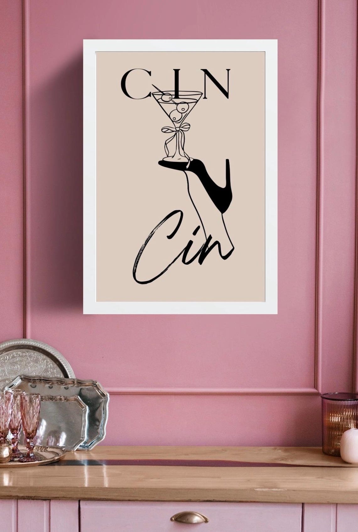 Cin Cin Martini Glass Stiletto Heel Beige Cocktail Bar Art Poster - Image 3
