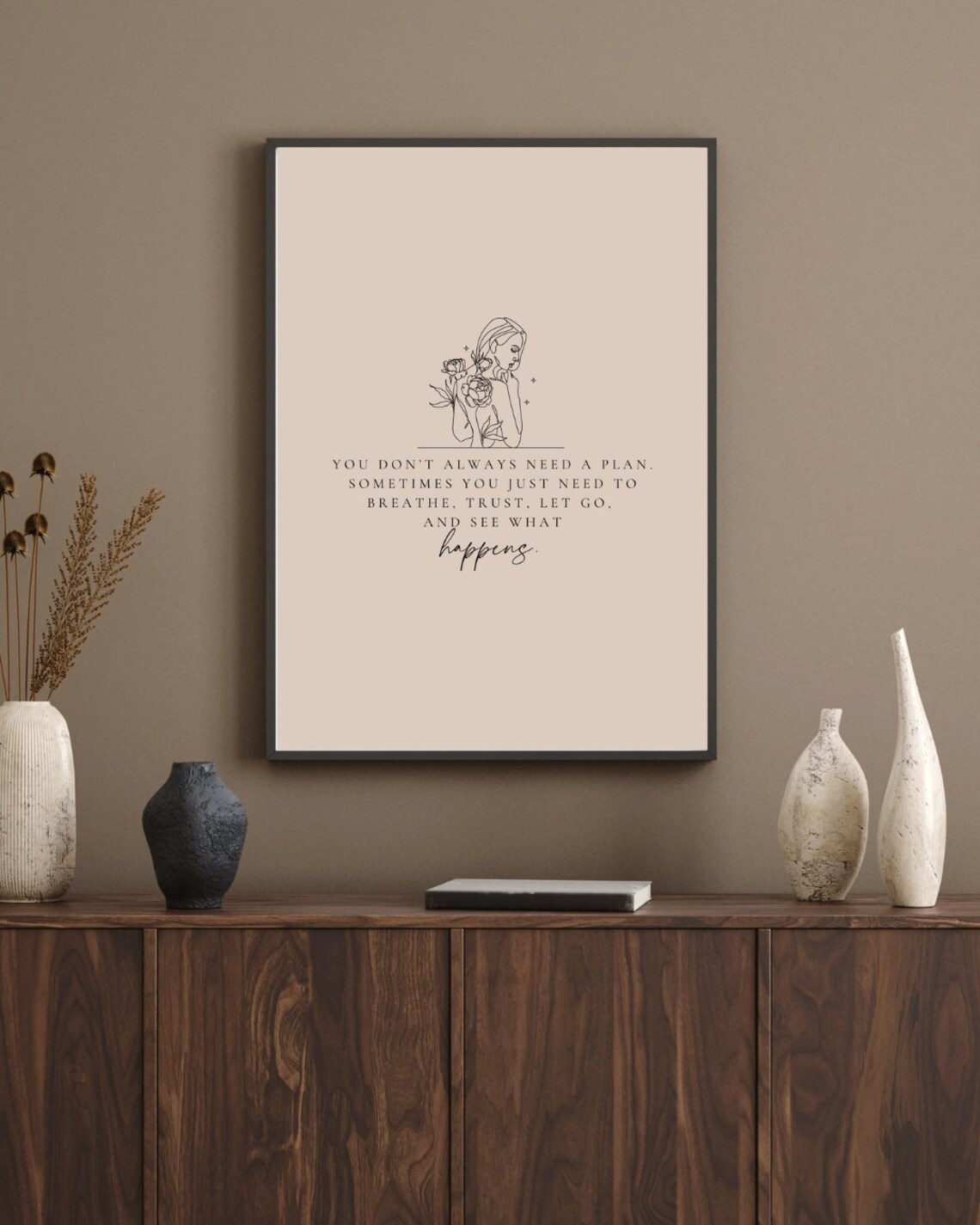 Breathe Trust Let Go Line Art Floral Mindfulness Quote Poster - Image 2