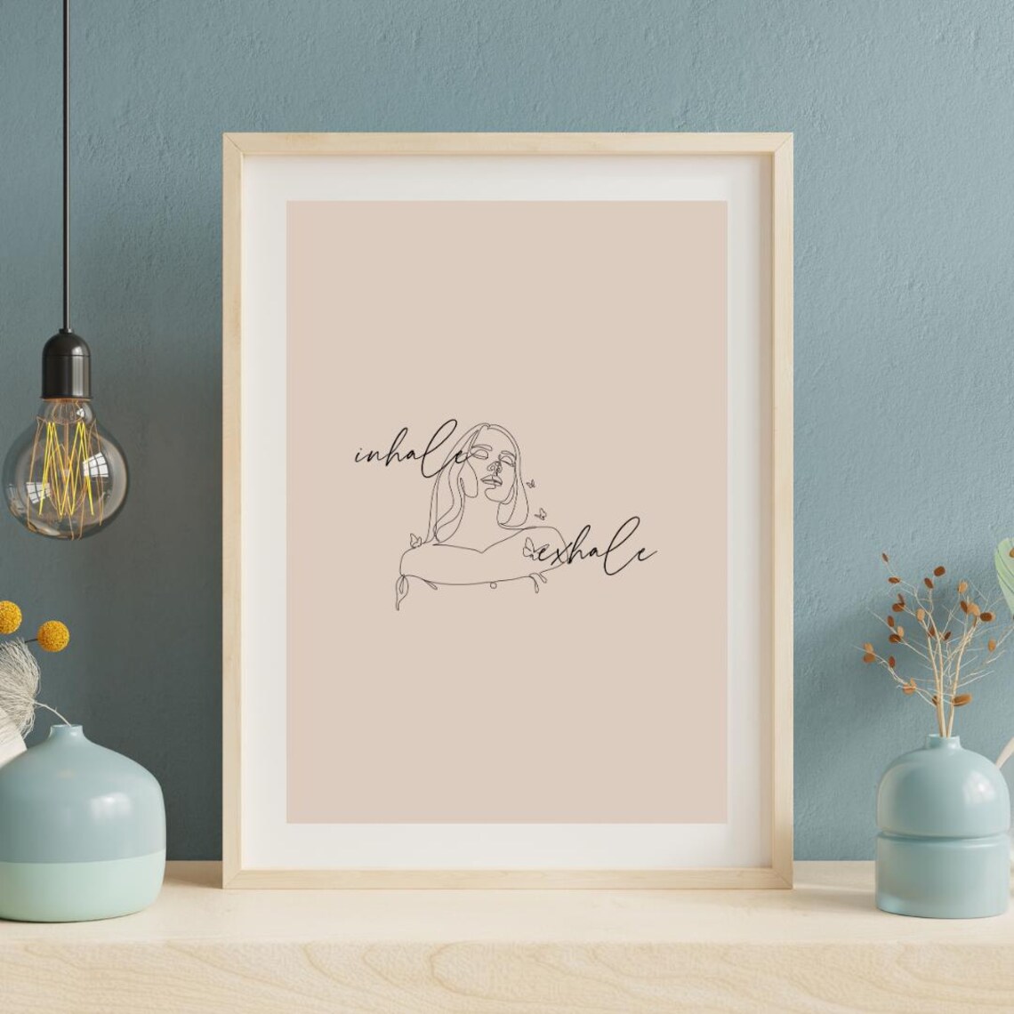 Inhale Exhale Mindful Line Art Woman Relaxation Quote Poster