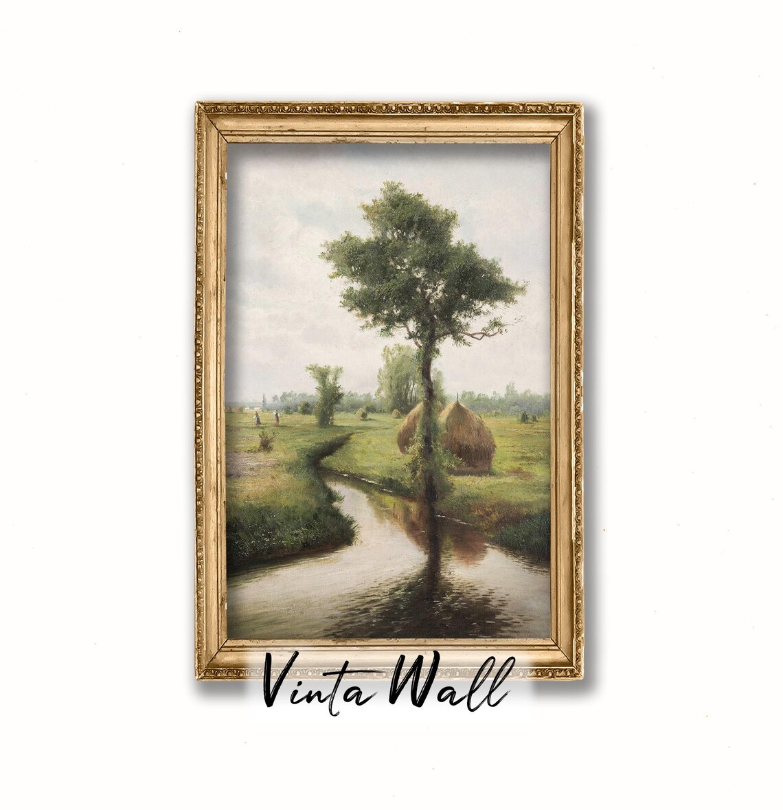 Lone Tree Reflected in Quiet Stream With Haystacks Vintage Field Poster - Image 4