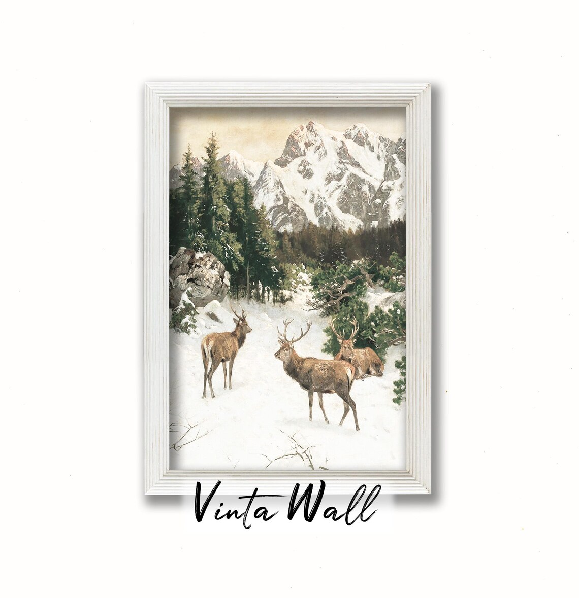 Deer Alpine Snow Forest Vintage Winter Wildlife Landscape Poster - Image 4
