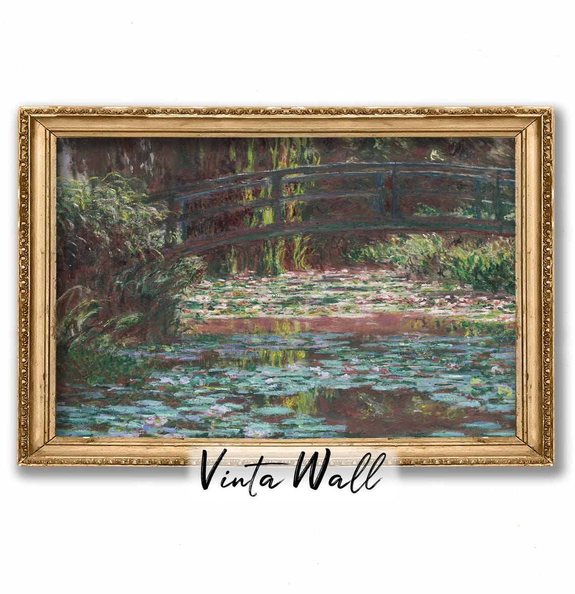 Oil Painting Lake Flower Water Lily Vintage Landscape Print Art Country Lake River Warm Tones Rustic Home Wall Decor Antique Green - Image 4