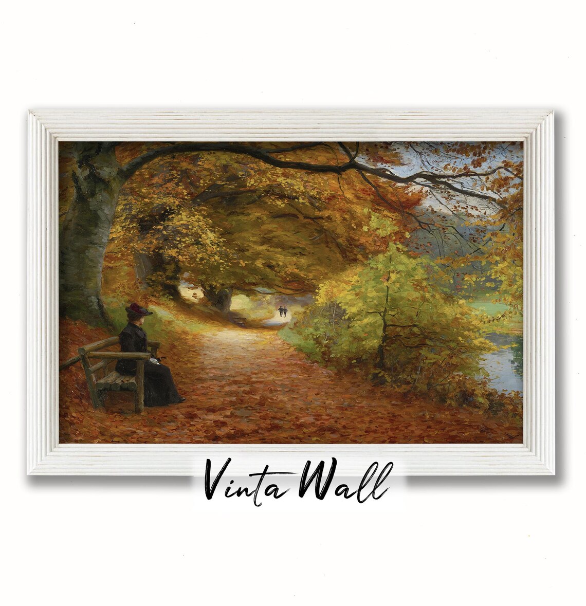Victorian Lady Resting on Autumn Park Bench Vintage Painting Print - Image 4