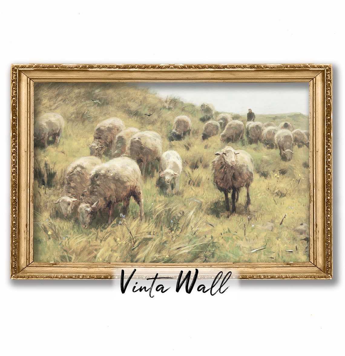 Sheep Flock Golden Meadow Vintage Oil Painting Rustic Farm Poster - Image 3