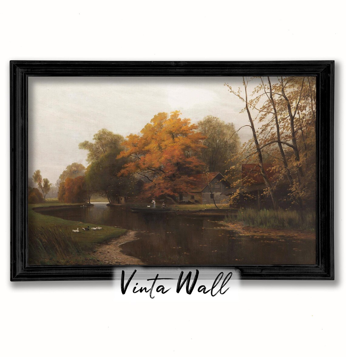 Autumn Pond With Fiery Orange Tree Cottage and Ducks Vintage Landscape Poster - Image 2
