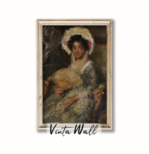Lady Lace Bonnet Fan Seated Portrait Vintage Elegant Art Poster