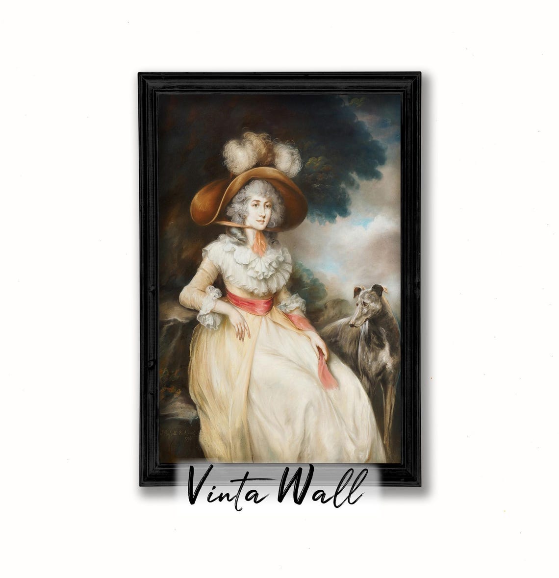 Portrait Young Lady Oil Painting Greyhound Rich Noble Woman Farmhouse Vintage Print Hat Dog Art Country Wall Antique Muted Colours - Image 2