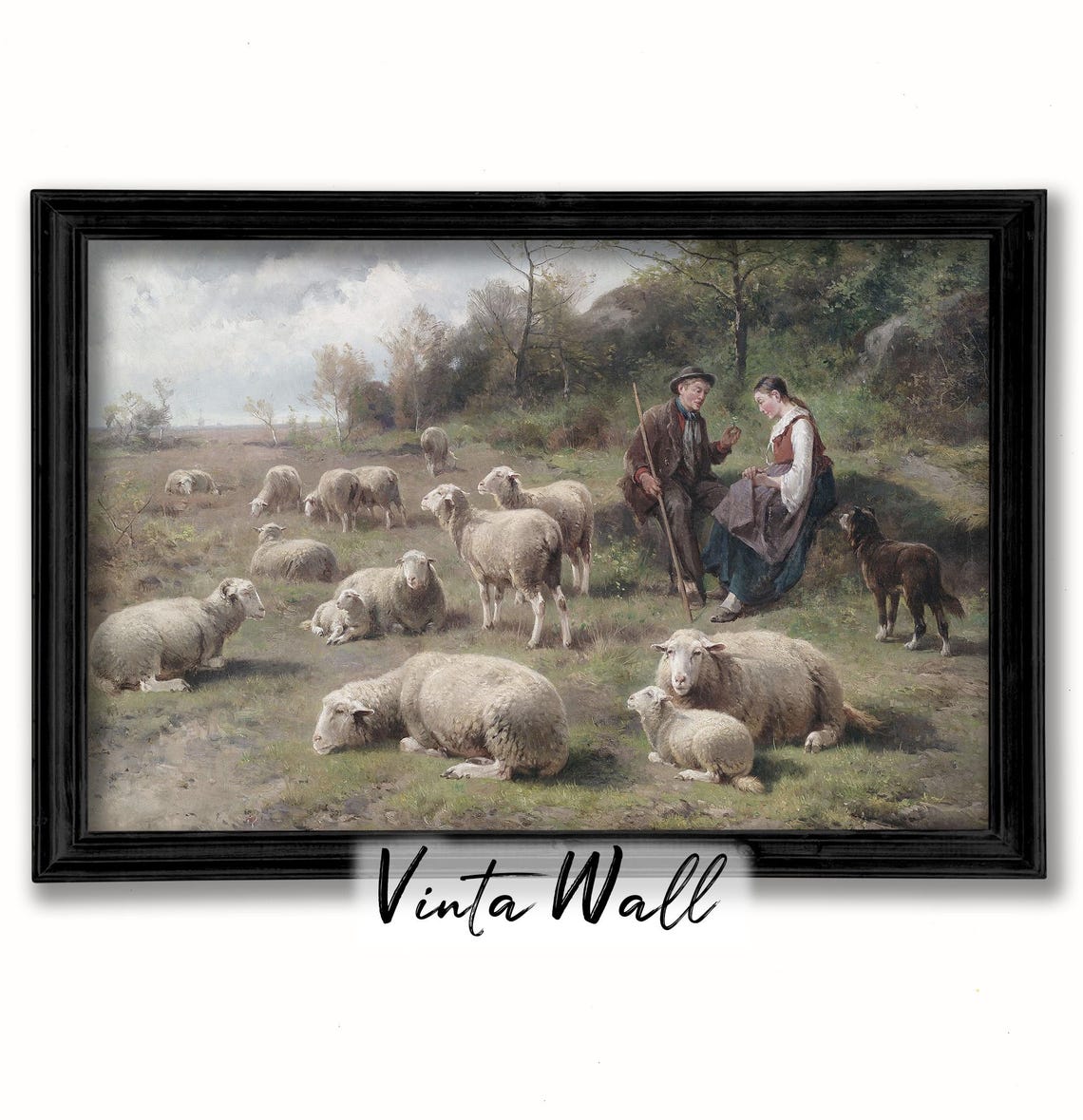 Shepherd and Maiden among Sheep Vintage Pastoral Oil Painting Poster - Image 2