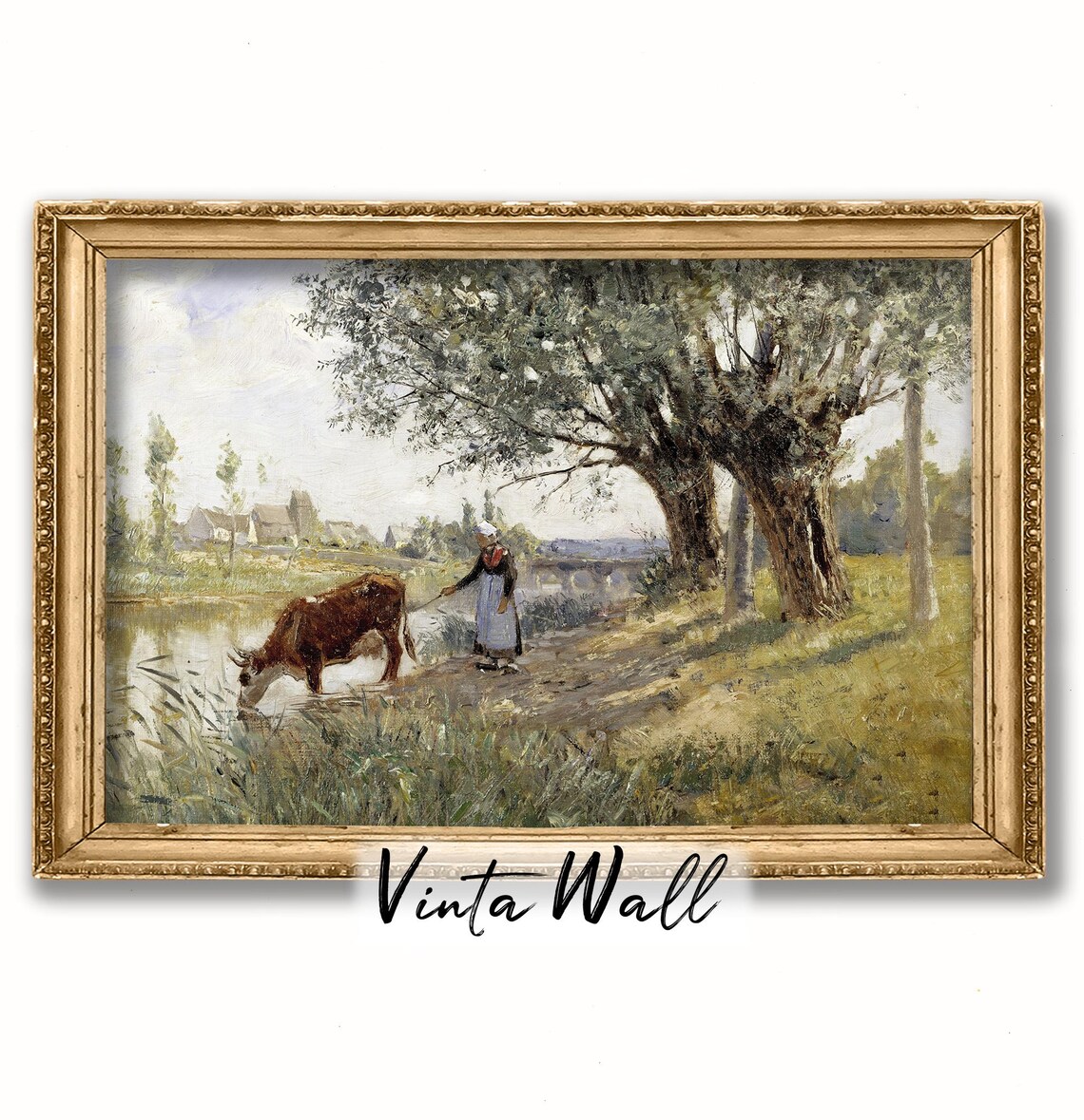 Milkmaid and Cow by the Riverbank Vintage Pastoral Painting Poster - Image 2
