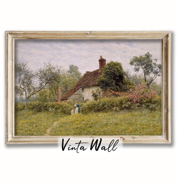 Brick Cottage Wildflower Meadow Mother and Child Vintage Watercolor Poster